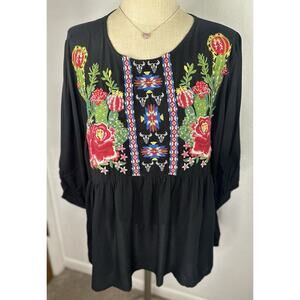 Savanna Jane Embroidered Babydoll Top 3/4 Sleeve Blk Western Floral Plus Size 3X